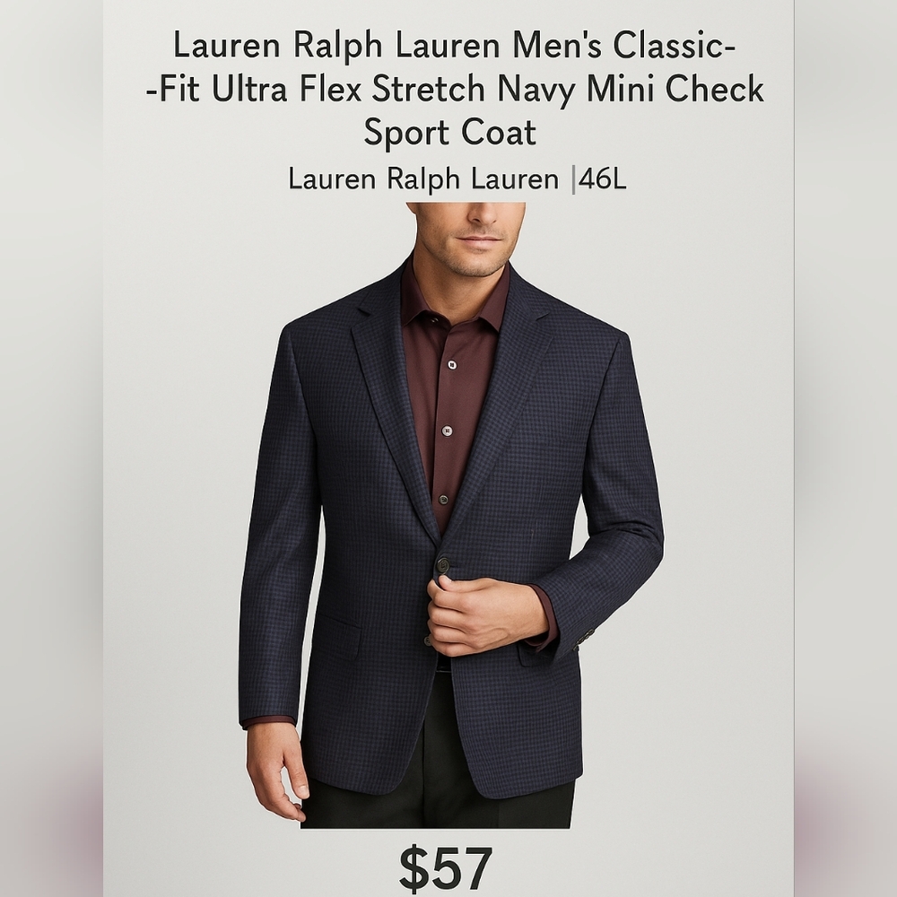 Lauren Ralph Lauren UltraFlex Navy Mini-Check Sport Coat | Classic Fit 46L - Picture 5 of 6